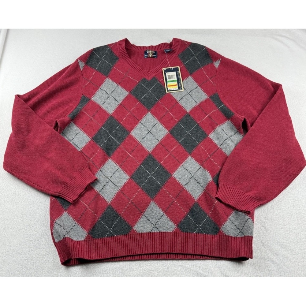 Arrow Argyle Sweater Mens L Red V-Neck Pullover Long Sleeve Lightweight